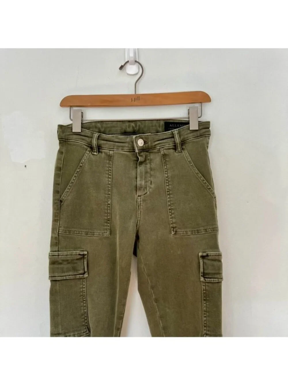 All Saints Womens Jeans Olive Green Military Distressed Indie Grunge Raw Hem - Picture 15 of 16